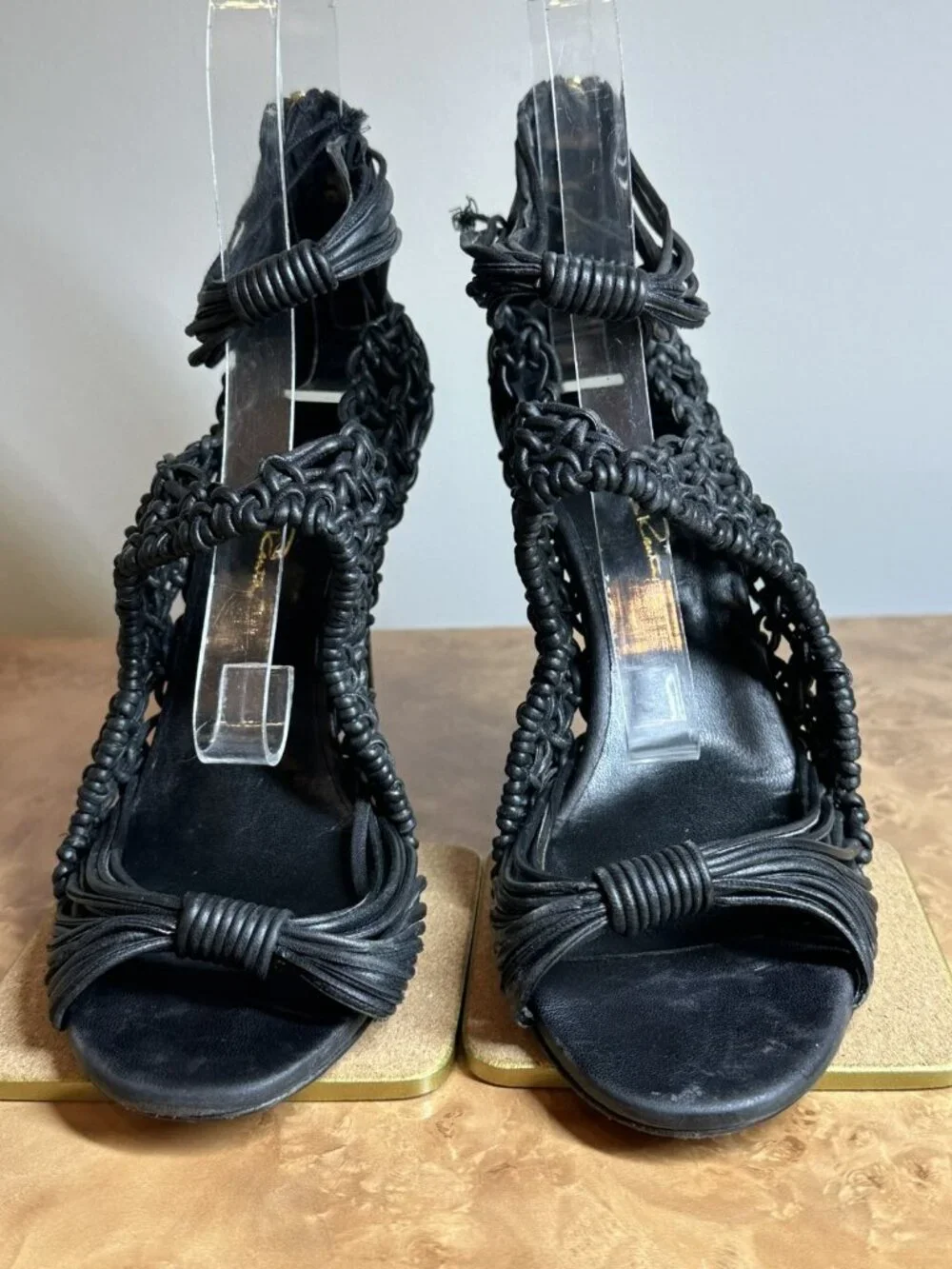 Oscar de la Renta Black Woven Leather Tassel Sandals Ankle Cuff Heels EU 39